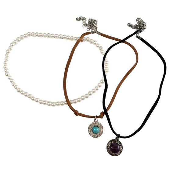 Western Bohemian Faux Leather Stone Choker Necklaces Pearl Elastic Choker Bundle - Picture 2 of 5